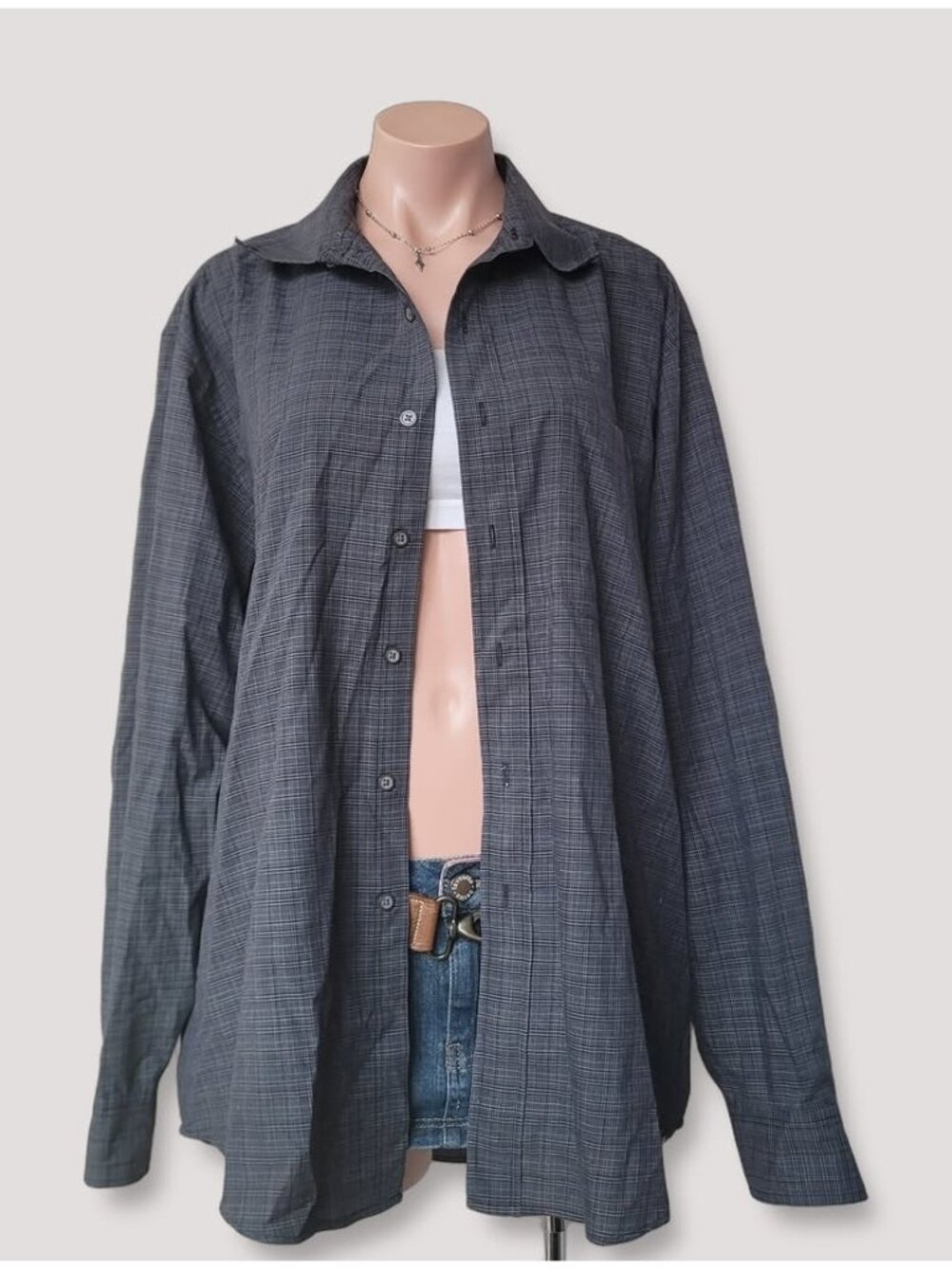 Vintage Bill Blass Oversized Check Shirt Black Wrinkle Free L